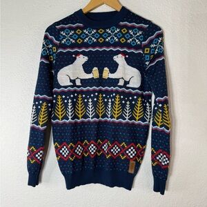 Tipsy Elves Navy Blue Polar Bear & Beer Ugly Sweater Mens Small Christmas Party